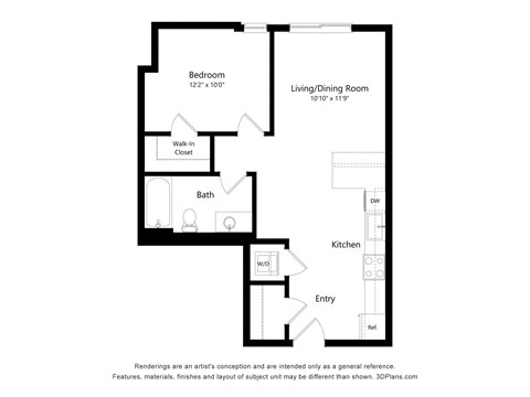 Floor plan for 1 bed, 1 bath, 652 sqft